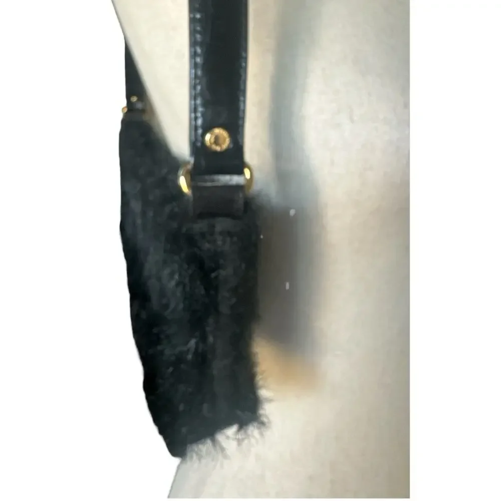 Kate Spade Black Faux Fur Shoulder Bag Embossed Strap Bright Print Lining Chic